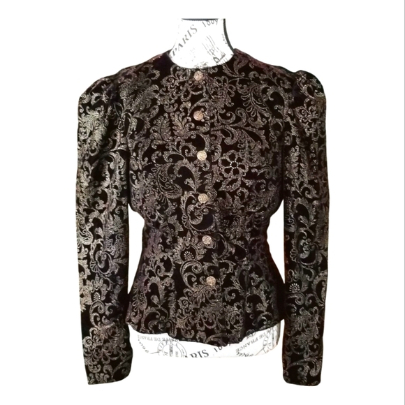Elegant Black Brocade Jacket With Golden Details And Puffed Sleeves - Picture 1 of 4